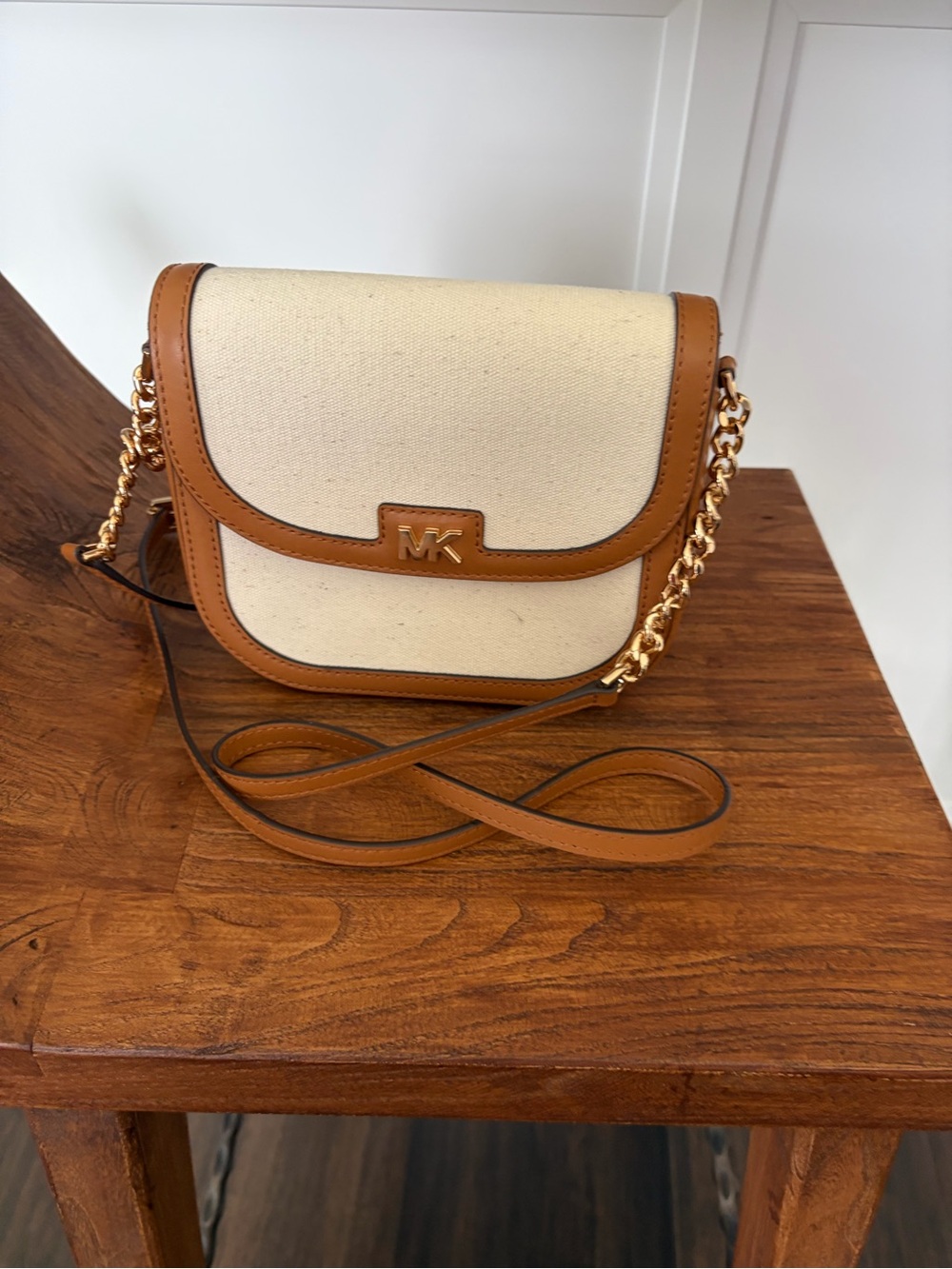 Michael Kors Cream and Brown Leather-Trim Crossbody